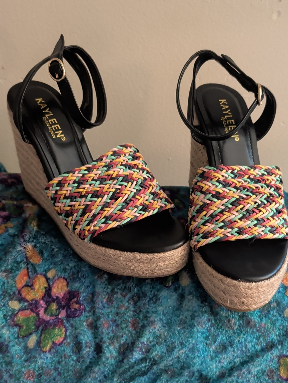 Multicolor Woven Platform Wedge Sandals - Black Ankle Strap SIZE 8